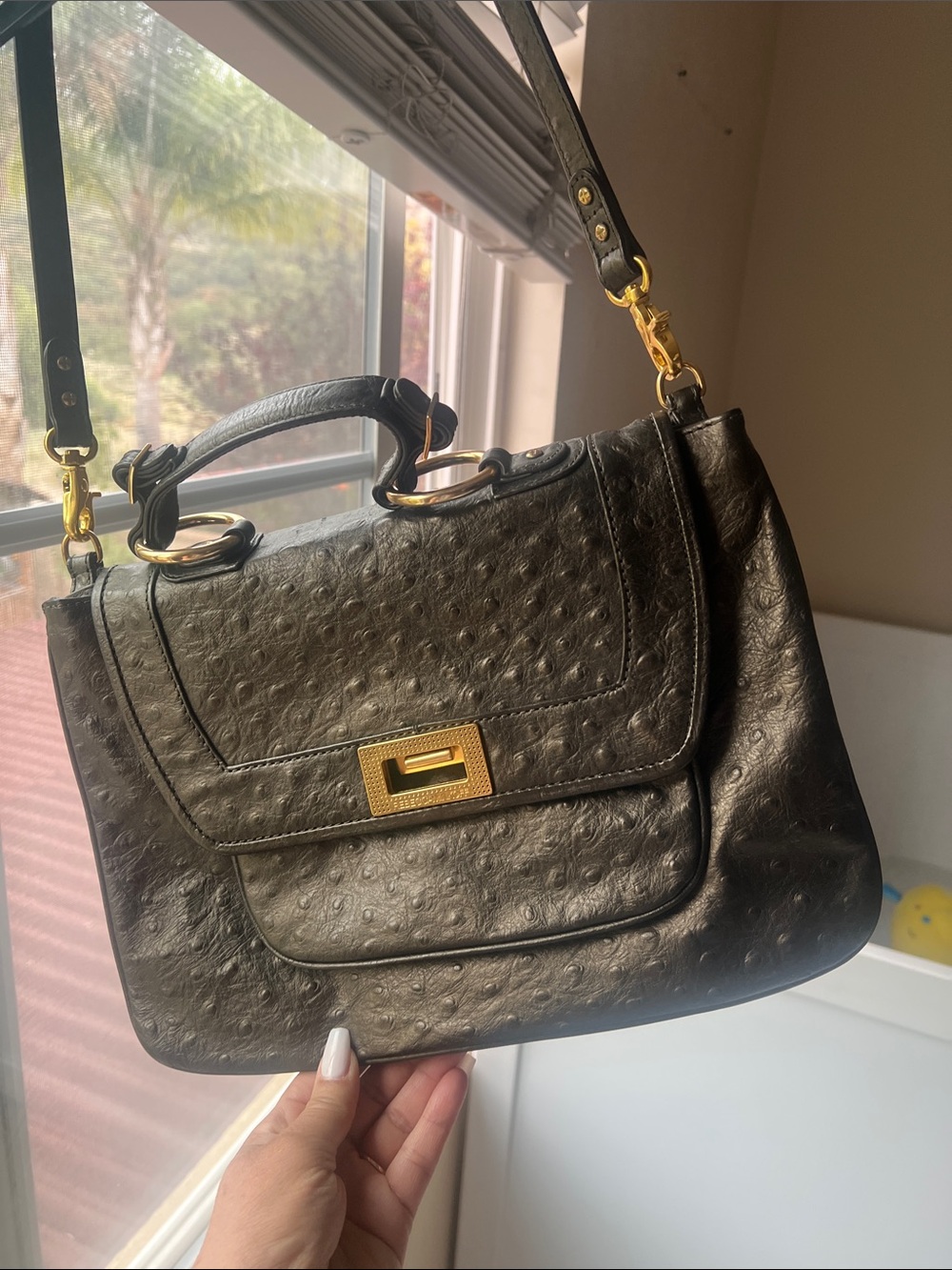 Rebecca Minkoff Black Shiny Ostrich-Textured Leather Satchel with Gold Hardware